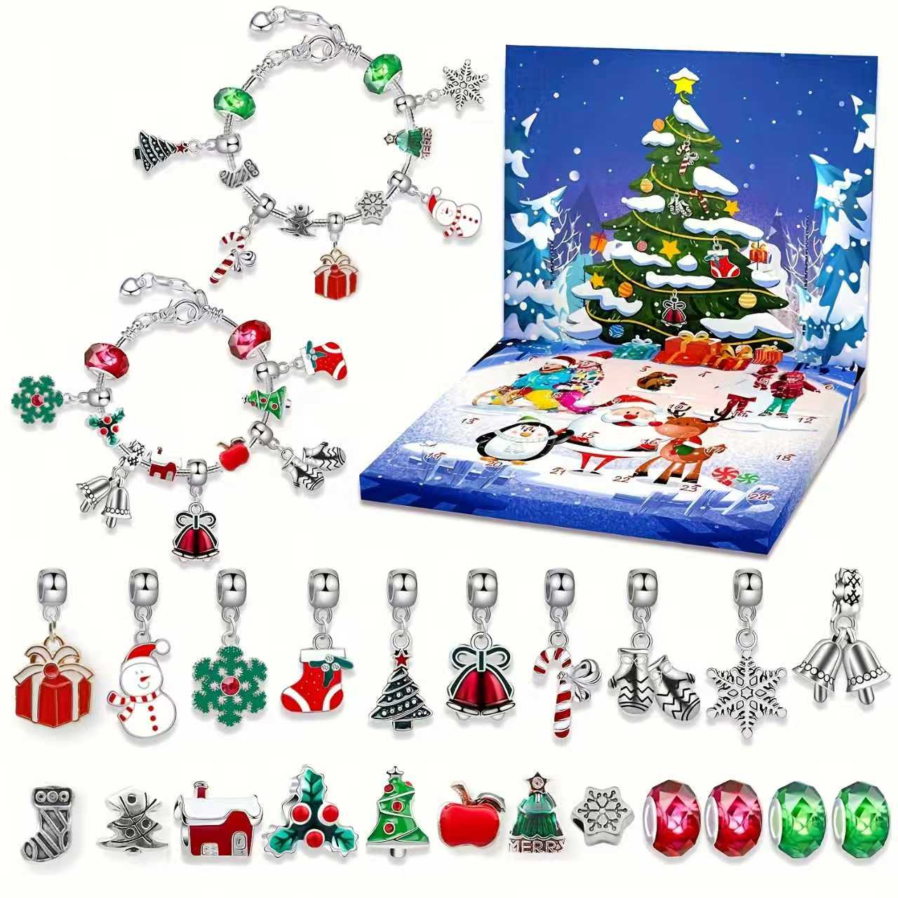 Resin Jewelry Kit - クリエイティブなクリスマス24日カウントダウンカレンダーボックスセット。ビーズ22個とブレスレット2個が含まれています。 DIYブレスレット作成キット、アクセサリー、ギフト